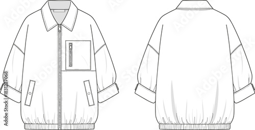Oversized utility jacket technical flat sketch with zipper chest pocket adjustable cuff sleeves and elastic hem, fashion apparel template, cad drawing flat vector illustration