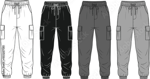 Cargo jogger pants technical flat sketch with multiple color variations side pockets elastic waistband cuffs, fashion apparel template for designers, cad drawing flat vector illustration