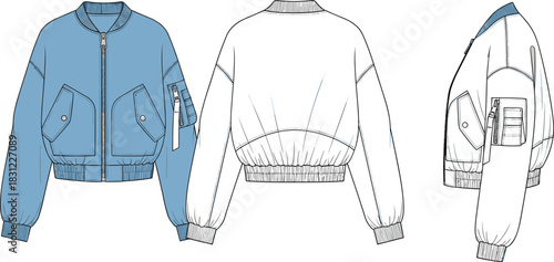 Cropped bomber jacket technical flat sketch with utility sleeve pocket oversized front pockets ribbed hem and cuffs, fashion apparel template, cad drawing flat vector illustration