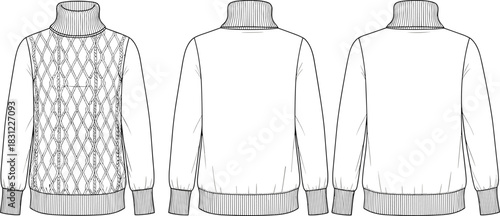 Cable knit turtleneck sweater technical flat sketch with ribbed cuffs hem and textured front pattern, fashion apparel template, cad drawing flat vector illustration