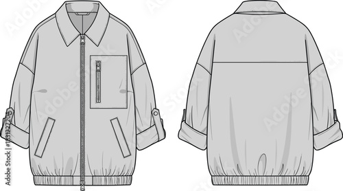 Utility zip front jacket technical flat sketch with adjustable sleeves and pocket details, fashion apparel template for designers, cad drawing flat vector illustration