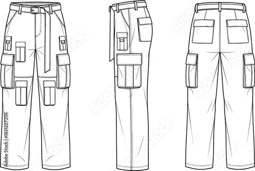 Multi-pocket cargo pants technical flat sketch with utility details and belt design, fashion apparel template for designers, cad drawing flat vector illustration