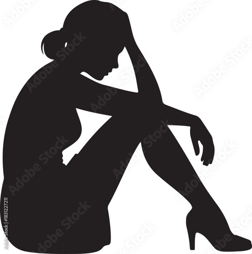 Depressed young woman rests head on hand, looking sad in silhouette on transparent background