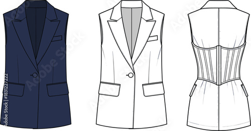 Sleeveless blazer vest technical flat sketch with tailored details and corset back design, fashion apparel template, cad drawing flat vector illustration
