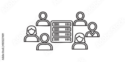 Users with access to server storage thin line icon, data hoarding concept. Vector graphics. Storage hosting users group sign on white background, style icon mobile or web design. 
