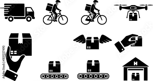 Different delivery silhouette icons set, simple design, vector stock illustration
