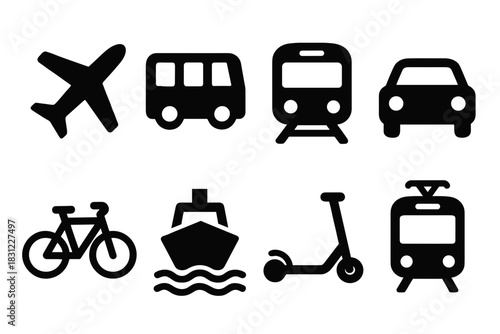 Various Transportation Icons Including Airplane Bus Train Car Bicycle Boat Scooter and Tram