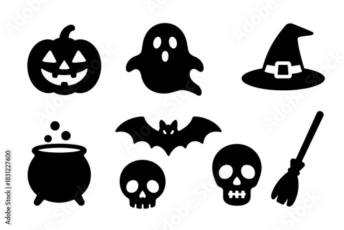 Halloween Themed Silhouettes of Pumpkin Ghost Witch Bat Cauldron Skull and Broomstick