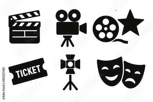 Film Production Elements Including Clapperboard Cinema Reel Ticket and Spotlight Icons