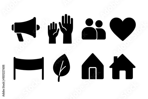 Icons Representing Community Engagement and Social Interaction with Hands Hearts and Nature