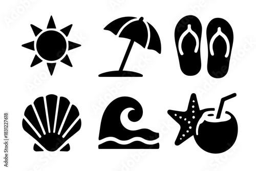 Set of Black Beach Icons Including Sun Umbrella Flip Flops Waves Shell and Coconut Drink