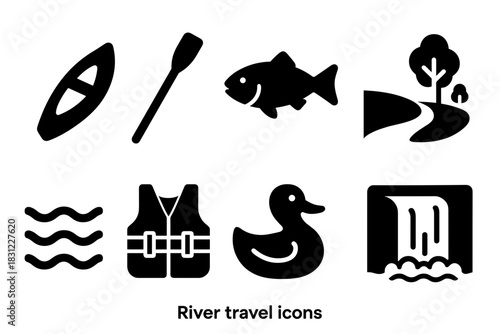 Set of Black Icons Representing River Travel Activities Featuring Kayak Fish and Waterfall