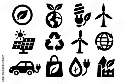 Set of Eco-Friendly Icons Featuring Leaves Solar Panels Wind Turbines and Recyclable Symbols