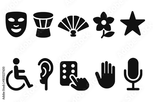 Set of Inclusive Icons Representing Accessibility and Diversity in Black and White