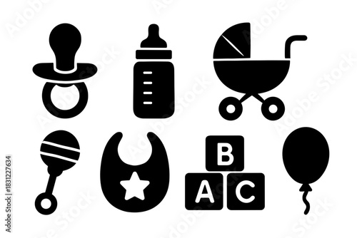 Silhouette Icons of Baby Essentials Including Pacifier, Bottle, Stroller and Toys