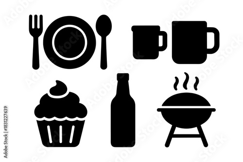 Silhouette Icons of Dining Utensils Drinks and Food Items for Culinary Theme