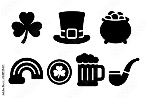 Silhouette Icons of St. Patrick's Day Symbols Including Clover Cauldron and Beer Mug