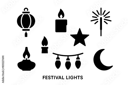 Silhouette Illustrations of Festival Lights Including Lanterns Stars Moons and Candles