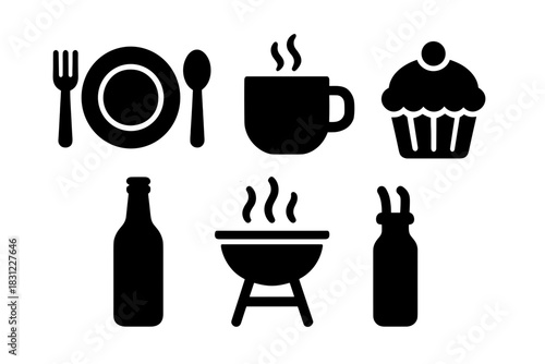 Silhouette Icons of Food and Beverage Items Including Utensils and Barbecue Grill