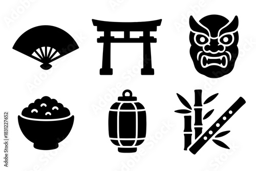 Silhouettes of Traditional Japanese Symbols Including Fan, Torii Gate, and Demon Mask