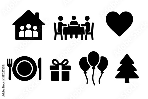Silhouettes of Family Gathering at Home with Table Heart Decorations and Christmas Tree