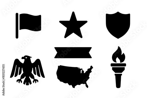 Silhouetted Icons of Patriotism Including Flag Star Shield Eagle Torch and Map of United States