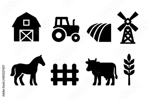 Silhouetted Farm Elements Including Barn Tractor Windmill Horse Cow and Fence Icons