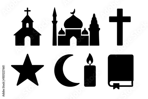 Silhouettes of Various Religious Symbols Including Churches, Mosques, Stars, and Candles