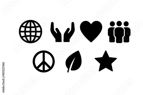 Symbols of Peace and Unity Including Earth Hands Hearts and Groups in Minimalist Design
