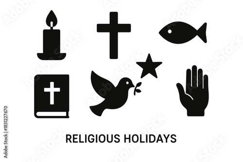 Symbols Representing Religious Holidays Including Candle Cross Fish Book Dove Star and Hand