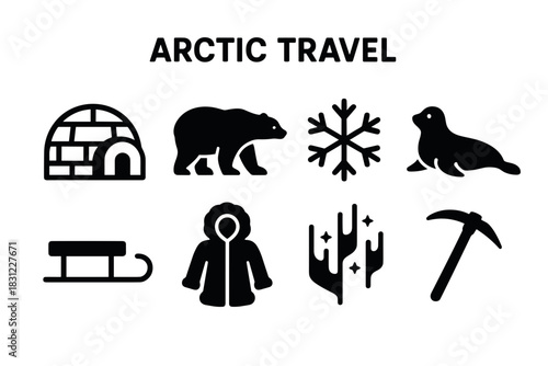 Symbols Representing Arctic Travel Including Igloo Bear Snowflake Seal Sled Parka and Ice Pick