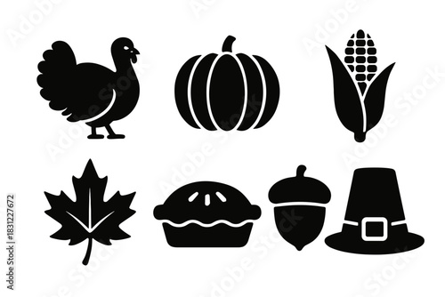 Thanksgiving Celebration Icons Featuring Turkey Pumpkin Corn Acorn Maple Leaf and Pie