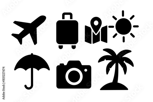 Travel Icons Representing Air Travel and Beach Vacation with Suitcase and Camera