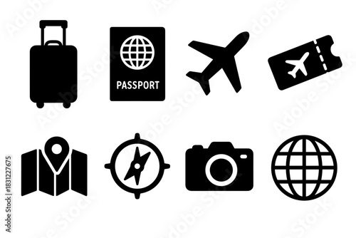 Travel Accessories including Luggage Passport Airplane Tickets and Compass on White Background