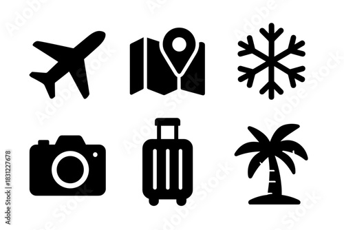 Travel Icons Including Airplane Map Camera Snowflake Suitcase and Palm Tree