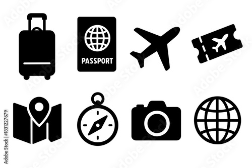 Travel Essentials Icons Including Luggage Passport Airplane Ticket Map Compass Camera and Globe