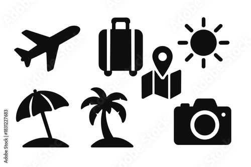 Travel Icons Representing Vacation Plans Including Airplane Luggage Camera Map Sun and Beach