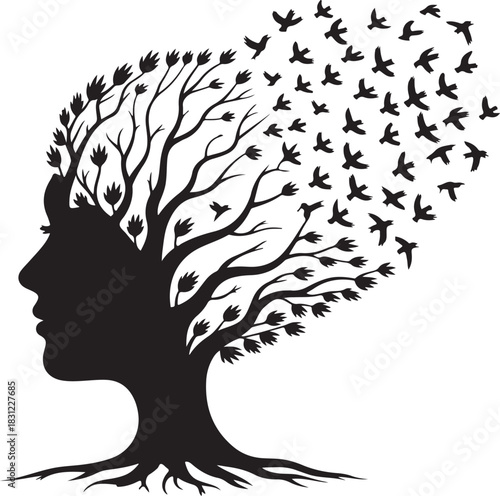 Silhouette of a woman's head transforms into tree branches with birds taking flight on transparent background