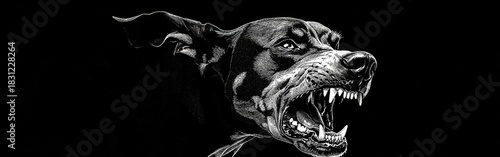 A fierce doberman appears from the darkness, barking aggressively with teeth bared and intense eyes. The striking black-and-white artwork captures the dog’s menacing presence