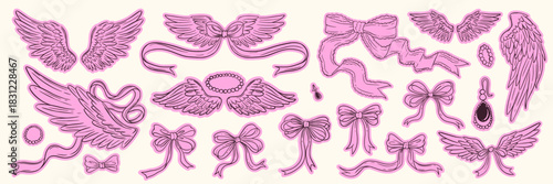 Coquette angel wings and ribbon bows set, cute pink girly elements with lace details and jewelry accents for romantic design and aesthetic stickers