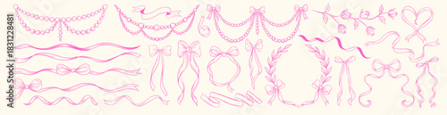 Coquette pearl garlands and ribbon bows set, elegant pink line art decorative elements with roses and curly ribbons