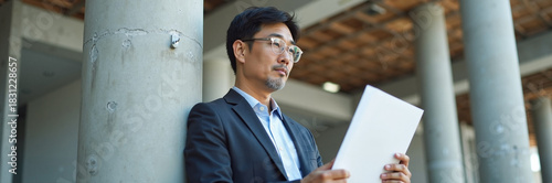 Business professional reviewing document while standing near building columns. Document review involves businessman in suit holding documents, analyzing content with focused attention to detail,