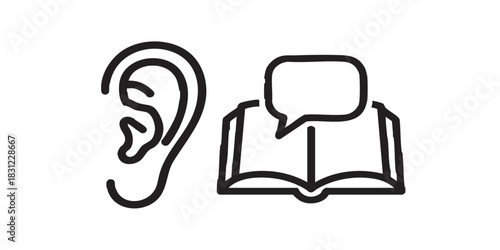 Human ear and textbook popup bubble thin line icon, book festival concept. Vector graphics. Reader rumors of success book, reading sign on white background, style icon mobile or web design
