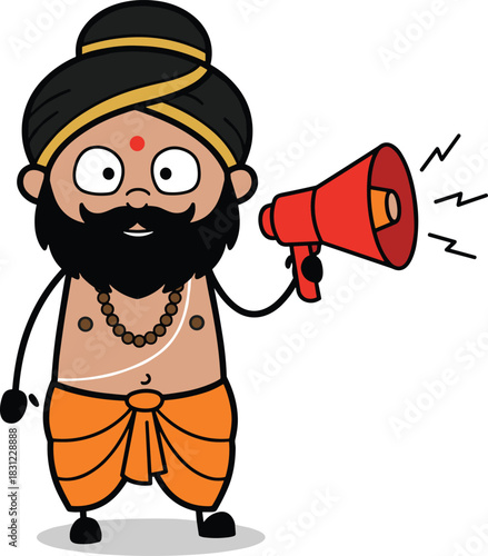 Indian Brahmin Cartoon Character Holding Megaphone, Hindu Priest Announcing Message, Guru Giving Speech, Religious Broadcast, and Spiritual Leader Vector