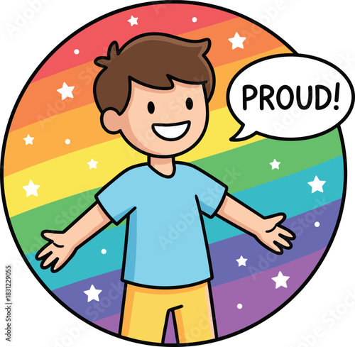 Happy Boy Saying "Proud" with Rainbow Flag Background, LGBTQ+ Pride Celebration, Gay Rights, Self-Acceptance, Love, Diversity, and Social Equality Vector