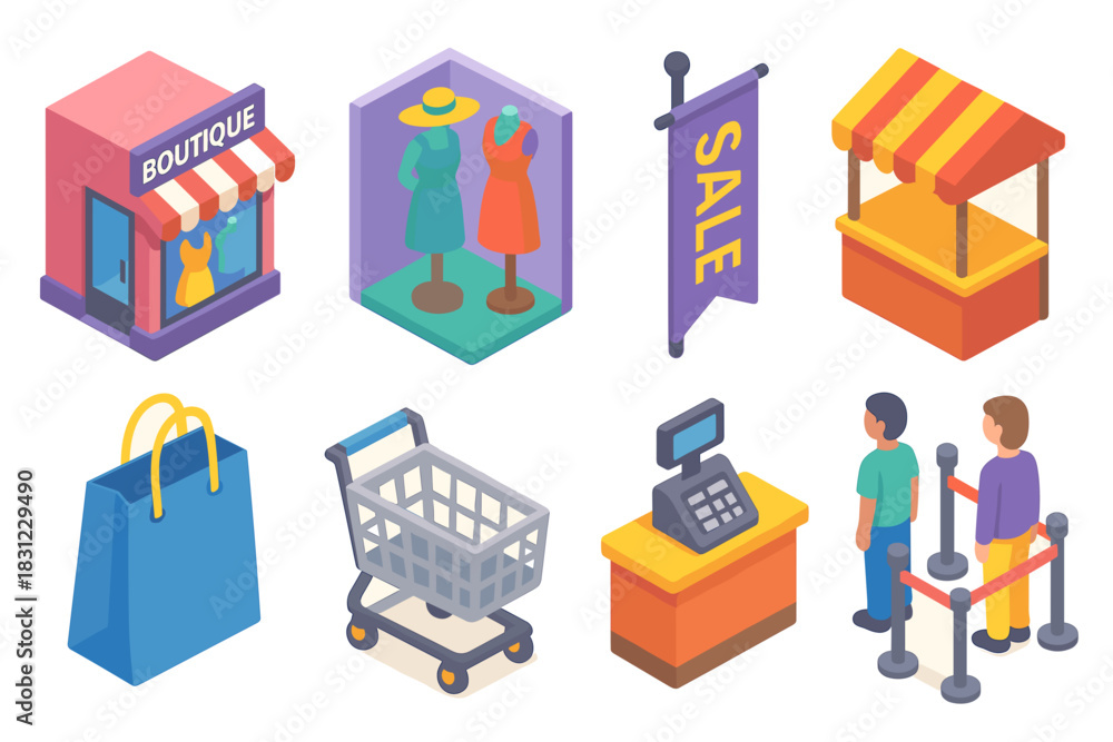 Obraz premium Colorful Boutique and Shopping Elements Including Sale Banner and Shopping Cart