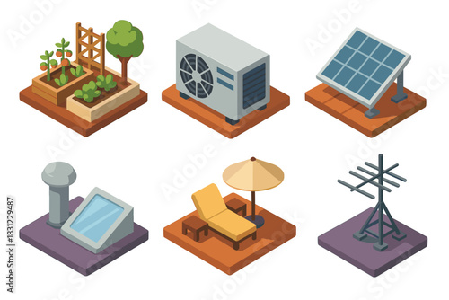 Collection of Sustainable Energy and Gardening Elements Featuring Solar Panel and Air Conditioner