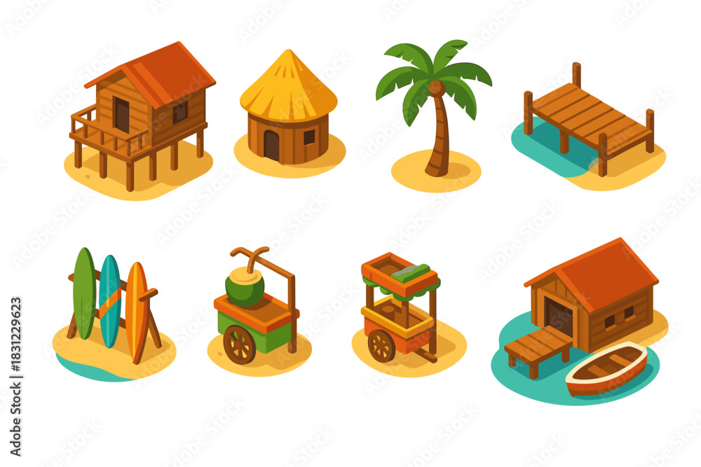 Fototapeta premium Vector Illustration of Tropical Beach Huts and Accessories in Vibrant Colors
