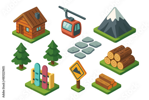 Vector Illustration of Mountain Cabin Gondola and Natural Landscapes with Logs Trees and Signs