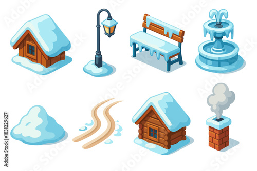 Winter Scene with Snow Covered Houses Park Bench Lamp Post and Fountain